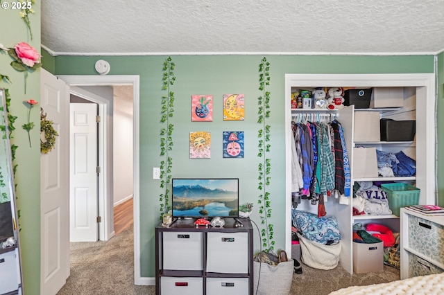 bedroom featuring carpet floors, a textured ceiling, and a closet
