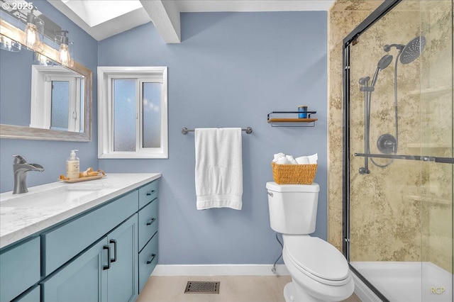 18365 SW Springfield St, Beaverton, OR 97078 - bathroom featuring toilet, vanity, a shower stall, baseboards, and vaulted ceiling