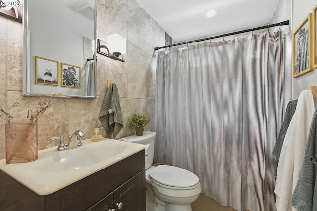 13527 SW Ashbury Ln, Portland, OR 97223 - bathroom with vanity, tile walls, decorative backsplash, and a shower with shower curtain