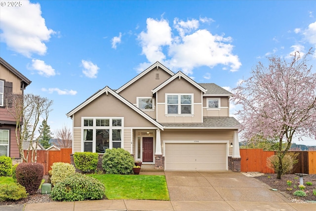 view of front facade featuring an attached garage, fence, brick siding, and driveway