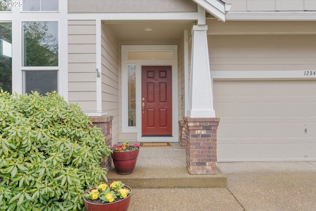 view of exterior entry featuring a garage and concrete driveway