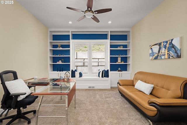 4018 NW Riggs Dr, Portland, OR 97229 - carpeted office space featuring recessed lighting, built in shelves, visible vents, and a ceiling fan