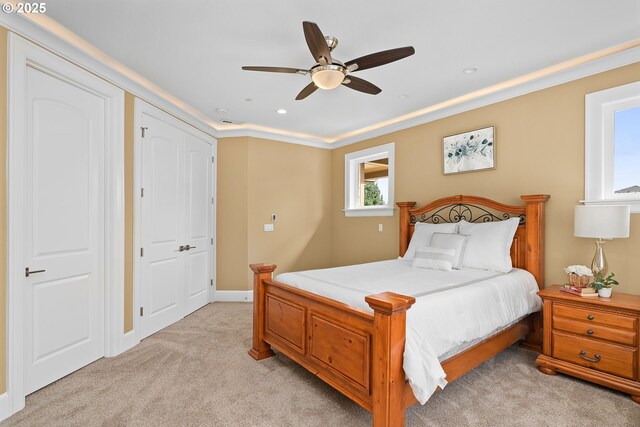 4018 NW Riggs Dr, Portland, OR 97229 - bedroom featuring baseboards, recessed lighting, ceiling fan, and light carpet