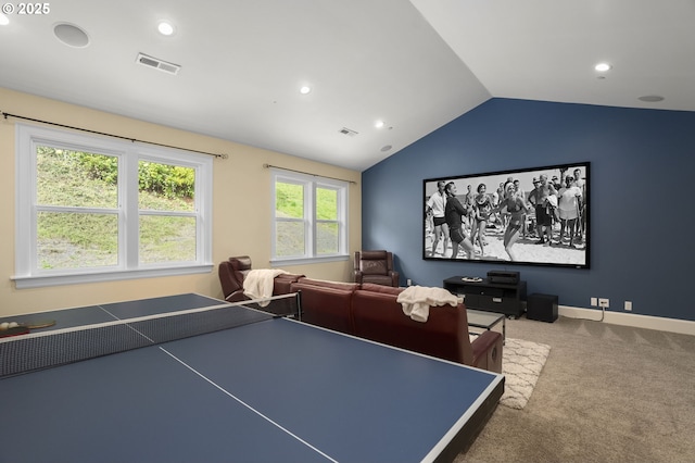 4018 NW Riggs Dr, Portland, OR 97229 - playroom with visible vents, recessed lighting, carpet floors, lofted ceiling, and baseboards