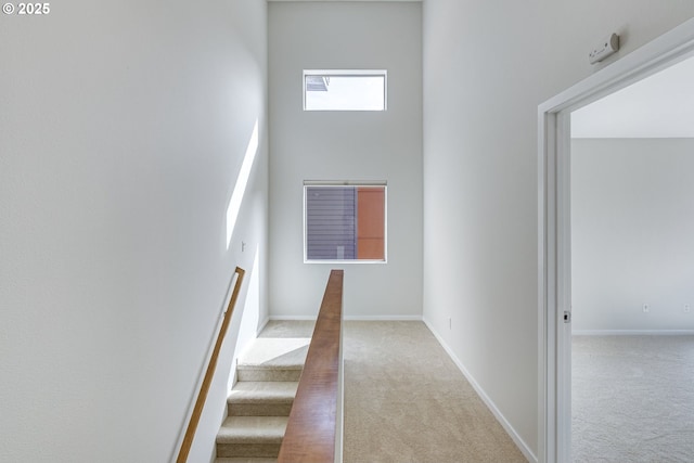 8522 N Central St Unit 17-1, Portland, OR 97203 - hall with carpet, baseboards, stairway, and a towering ceiling