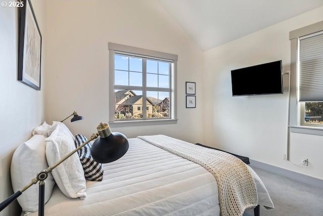 bedroom featuring carpet flooring and vaulted ceiling