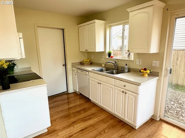 kitchen with white cabinetry, dishwasher, sink, and light hardwood / wood-style flooring