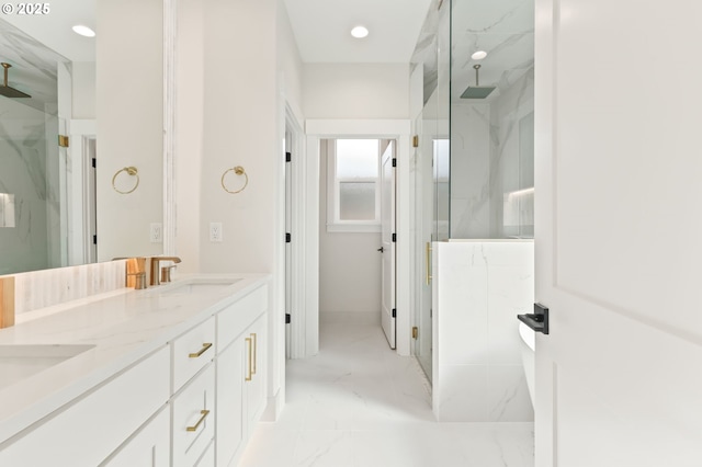 648 Parker Loop, Silverton, OR 97381 - full bath with a marble finish shower, marble finish flooring, double vanity, and recessed lighting