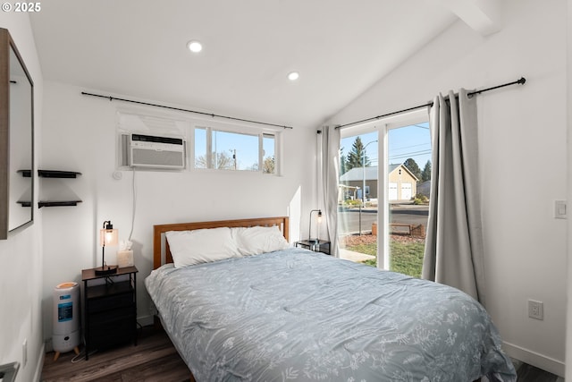 bedroom with cooling unit, dark hardwood / wood-style floors, and vaulted ceiling