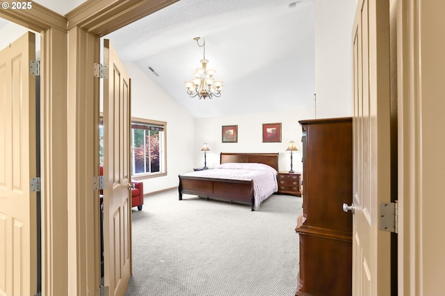 403 W Oxford St, Newberg, OR 97132 - bedroom with carpet, vaulted ceiling, and a chandelier