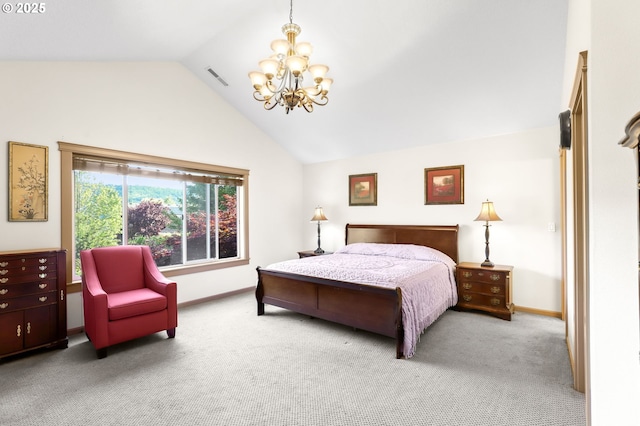403 W Oxford St, Newberg, OR 97132 - bedroom with a chandelier, vaulted ceiling, carpet flooring, and baseboards