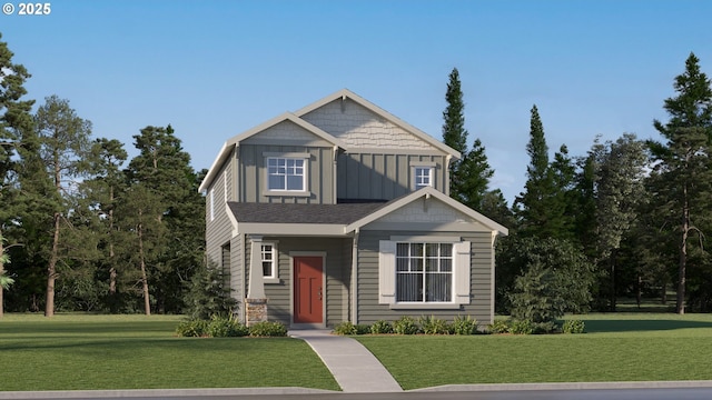 view of front of home with board and batten siding and a front yard