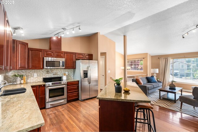 kitchen featuring appliances with stainless steel finishes, a sink, rail lighting, vaulted ceiling, and a textured ceiling