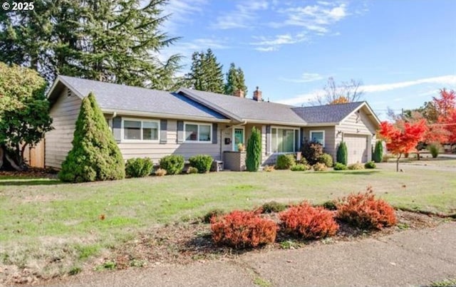 ranch-style house with an attached garage, a chimney, and a front lawn