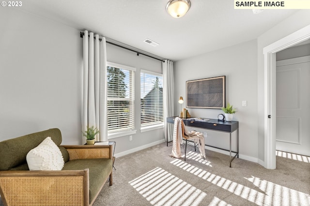 carpeted office space featuring baseboards