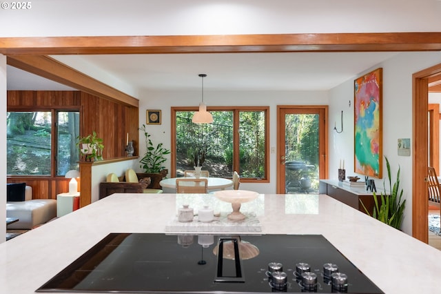 kitchen with light countertops, black electric cooktop, and hanging light fixtures