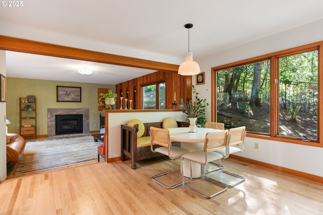 dining space featuring baseboards, wood finished floors, and a fireplace