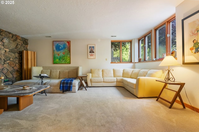 living area featuring carpet flooring and a textured ceiling