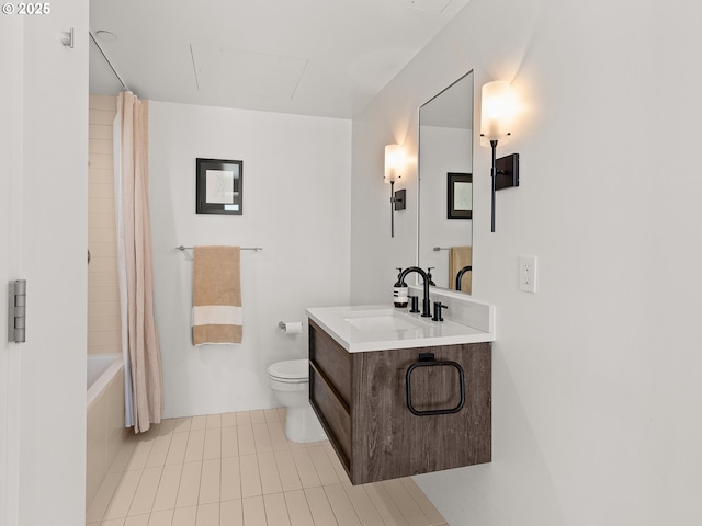 full bathroom with shower / bath combination with curtain, vanity, toilet, and tile patterned flooring