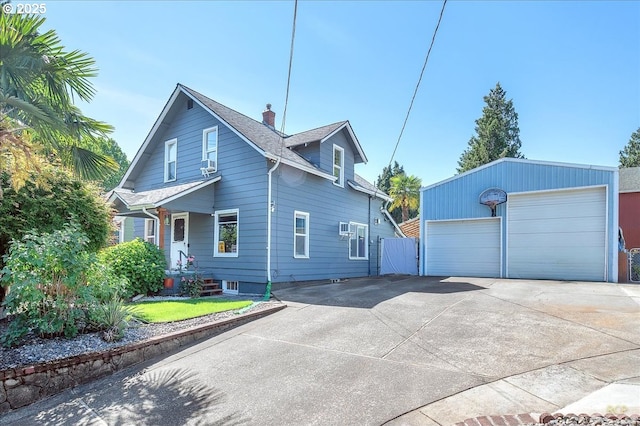 8014 N Johnswood Dr, Portland, OR 97203 - view of property exterior featuring a garage, a chimney, a gate, and a shingled roof