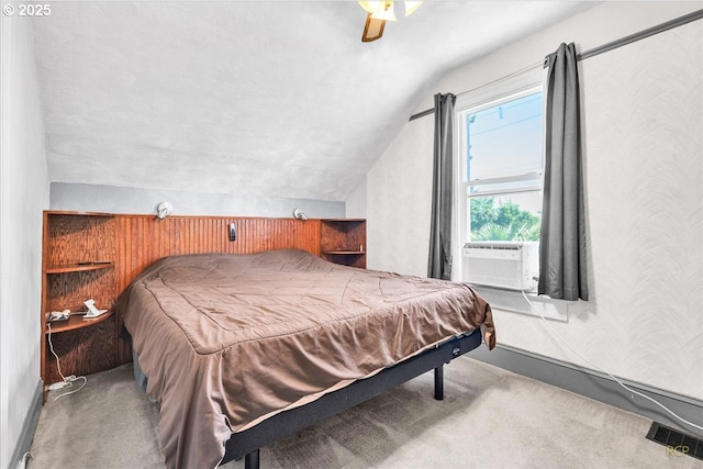 8014 N Johnswood Dr, Portland, OR 97203 - bedroom with lofted ceiling, carpet, cooling unit, and ceiling fan