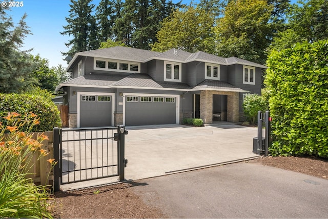 4720 Firwood Rd, Lake Oswego, OR 97035 - prairie-style house with stone siding, driveway, a gate, and roof with shingles