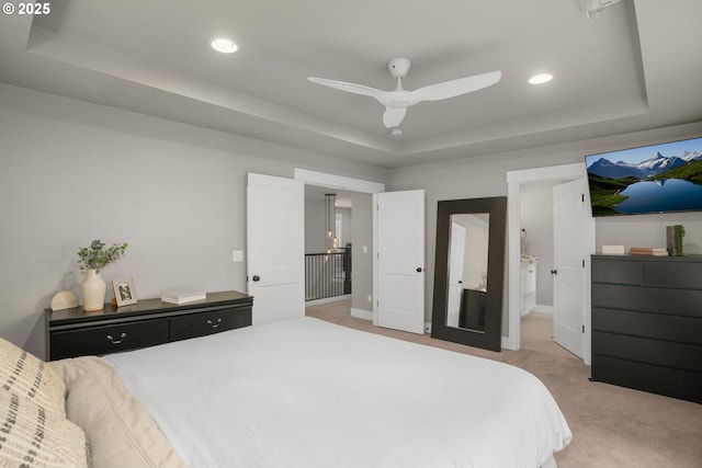 4720 Firwood Rd, Lake Oswego, OR 97035 - bedroom featuring a raised ceiling, light carpet, recessed lighting, and a ceiling fan