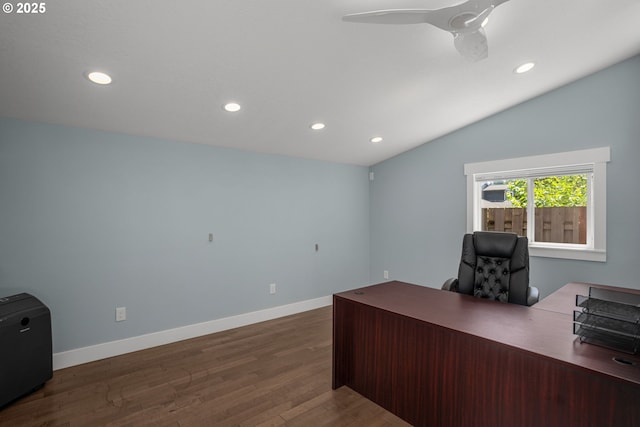 4720 Firwood Rd, Lake Oswego, OR 97035 - office area featuring recessed lighting, wood finished floors, vaulted ceiling, and a ceiling fan