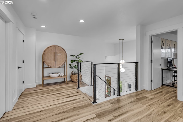2646 N Lambert St, Cornelius, OR 97113 - hallway with an upstairs landing, light wood-type flooring, and recessed lighting