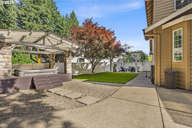 2646 N Lambert St, Cornelius, OR 97113 - fenced backyard featuring a covered hot tub, a patio, and a pergola