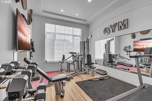 2646 N Lambert St, Cornelius, OR 97113 - exercise room with recessed lighting, wood finished floors, and a raised ceiling