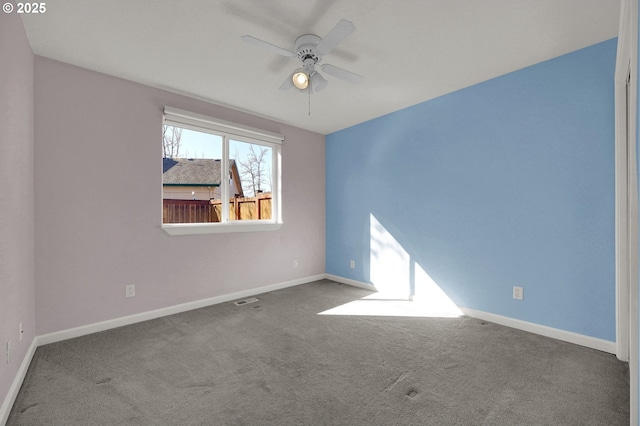 spare room featuring visible vents, a ceiling fan, baseboards, and carpet floors