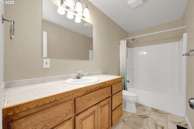 bathroom featuring visible vents, shower / bathtub combination with curtain, toilet, marble finish floor, and vanity