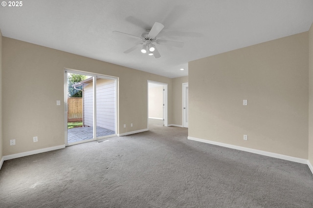 carpeted empty room with recessed lighting, ceiling fan, and baseboards