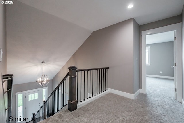 342 NE Cedar St, Sublimity, OR 97385 - hall featuring an upstairs landing, carpet flooring, a chandelier, lofted ceiling, and baseboards