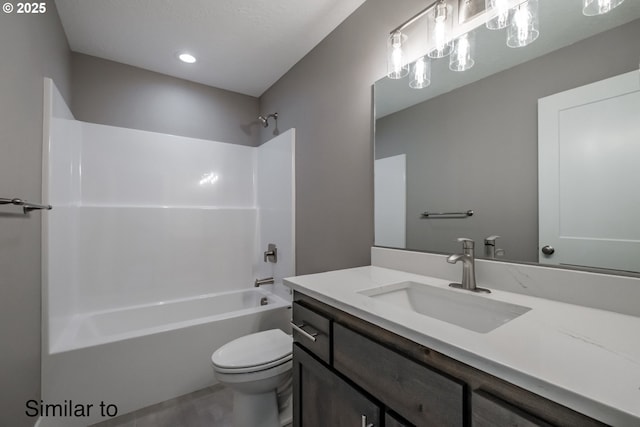 342 NE Cedar St, Sublimity, OR 97385 - bathroom featuring toilet, vanity, shower / bathtub combination, and recessed lighting