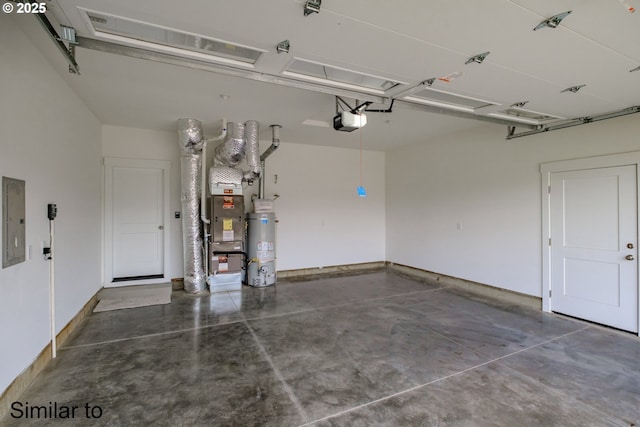 342 NE Cedar St, Sublimity, OR 97385 - garage featuring gas water heater, a garage door opener, electric panel, and heating unit