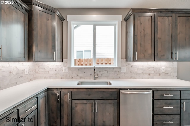 342 NE Cedar St, Sublimity, OR 97385 - kitchen with a sink, dishwasher, decorative backsplash, and dark brown cabinetry