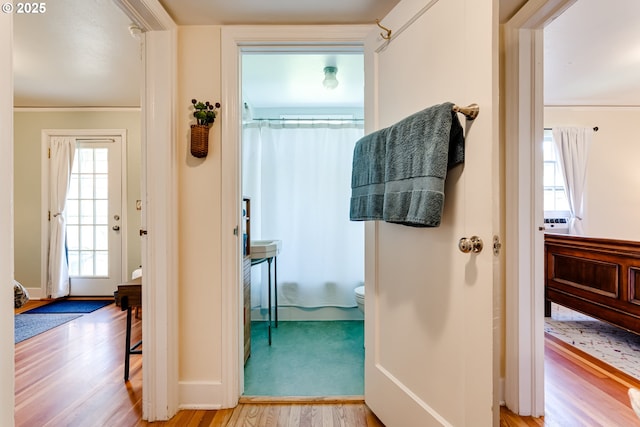hall featuring wood finished floors, crown molding, and baseboards