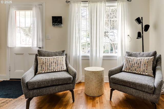living area with a wealth of natural light and wood-type flooring