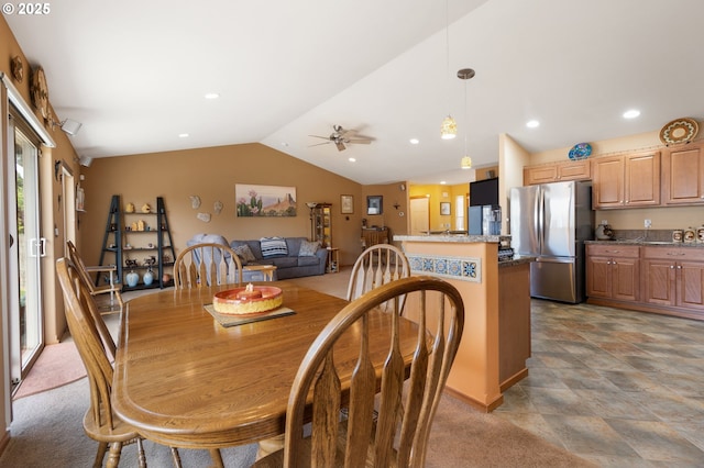 153 Sandwedge Ct, Chehalis, WA 98532 - dining room with ceiling fan, vaulted ceiling, recessed lighting, and stone finish flooring