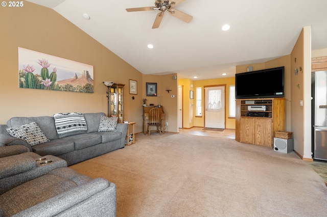 153 Sandwedge Ct, Chehalis, WA 98532 - living area with vaulted ceiling, light colored carpet, ceiling fan, and recessed lighting