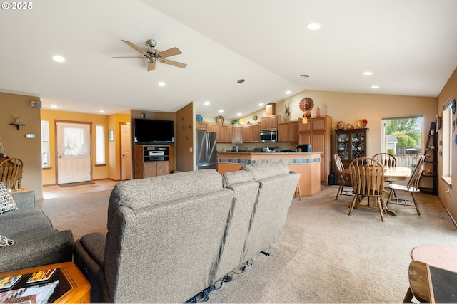 153 Sandwedge Ct, Chehalis, WA 98532 - living area with light carpet, vaulted ceiling, recessed lighting, and a ceiling fan