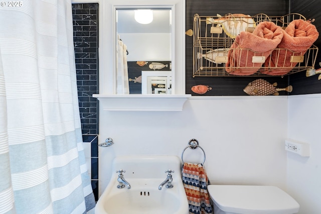 bathroom with toilet and a shower with shower curtain