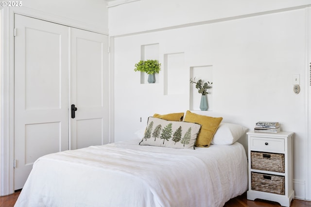 bedroom featuring dark wood-style floors and a closet