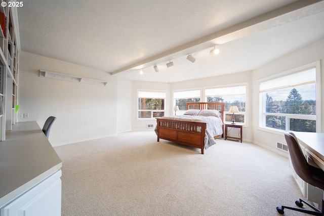 carpeted bedroom featuring rail lighting, visible vents, and baseboards