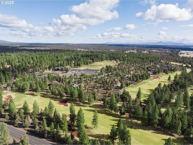 drone / aerial view featuring a mountain view, a wooded view, and golf course view