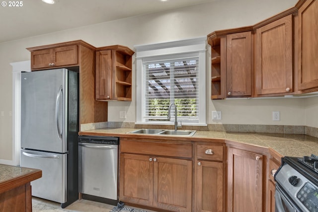 3435 Meadow View Dr, Eugene, OR 97408 - kitchen featuring appliances with stainless steel finishes, open shelves, a sink, brown cabinets, and tile counters