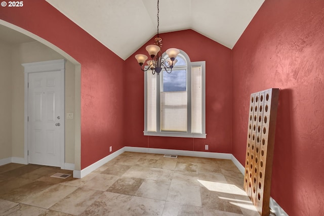 3435 Meadow View Dr, Eugene, OR 97408 - unfurnished dining area with lofted ceiling, a chandelier, arched walkways, and baseboards