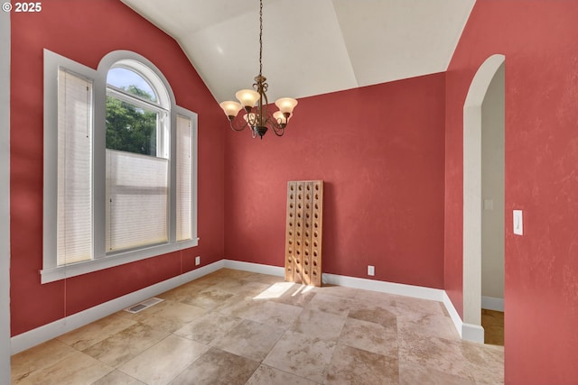 3435 Meadow View Dr, Eugene, OR 97408 - unfurnished room featuring vaulted ceiling, a chandelier, arched walkways, and baseboards